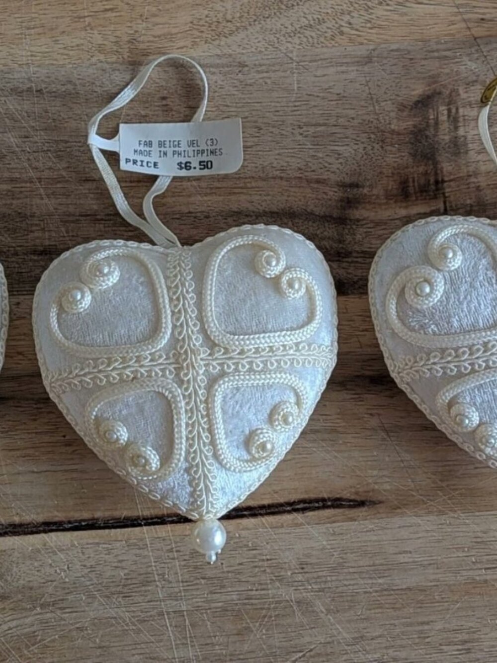 3 Vintage Pearl Ivory Ornate Heart Ornaments